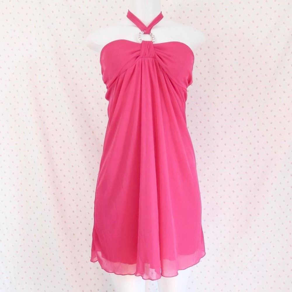 vintage deb hot pink halter mini dress y2k rhinestone party mcbling